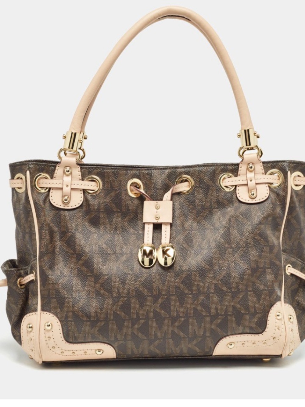 Michael Kors Brown MK Monogram satchel Tote with Cream Trim